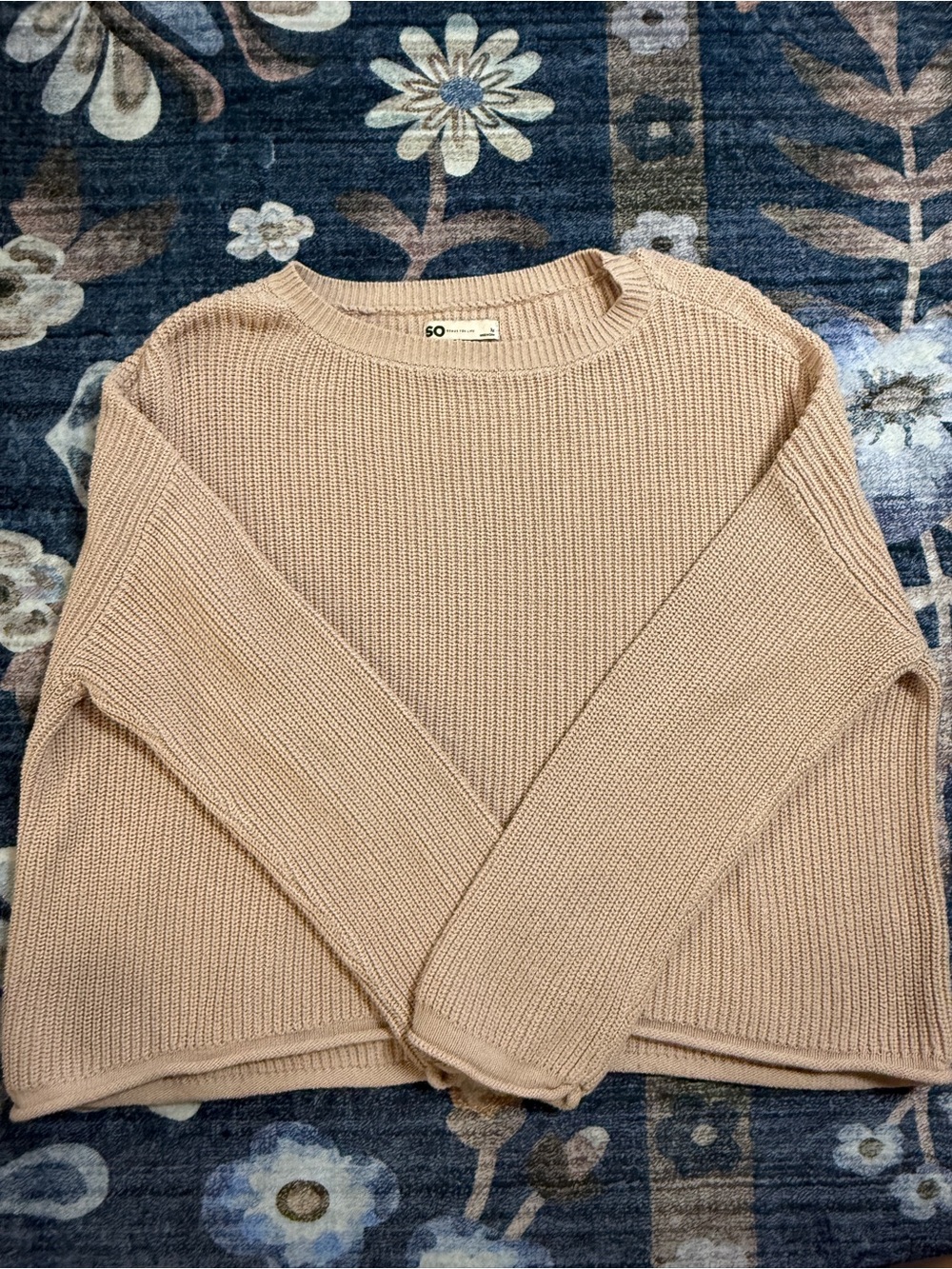 SO Beige Crewneck Rib-Knit Sweater